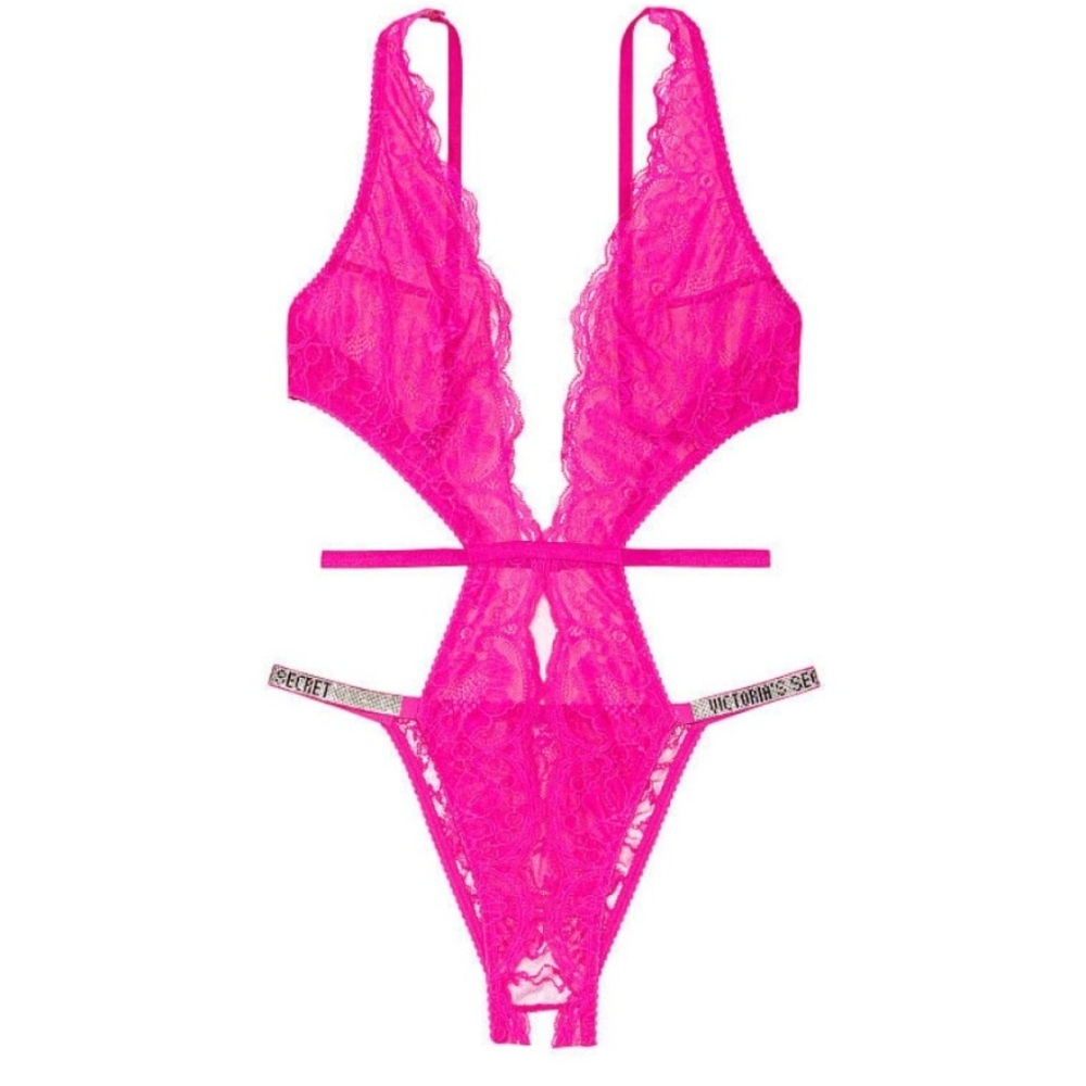 S Victoria's Secret Shine Strap Lace Crotchless Teddy Pink